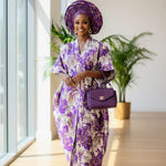 Purple and gold floral damask African print dress for women, full length African clothing boubou style with side pockets 