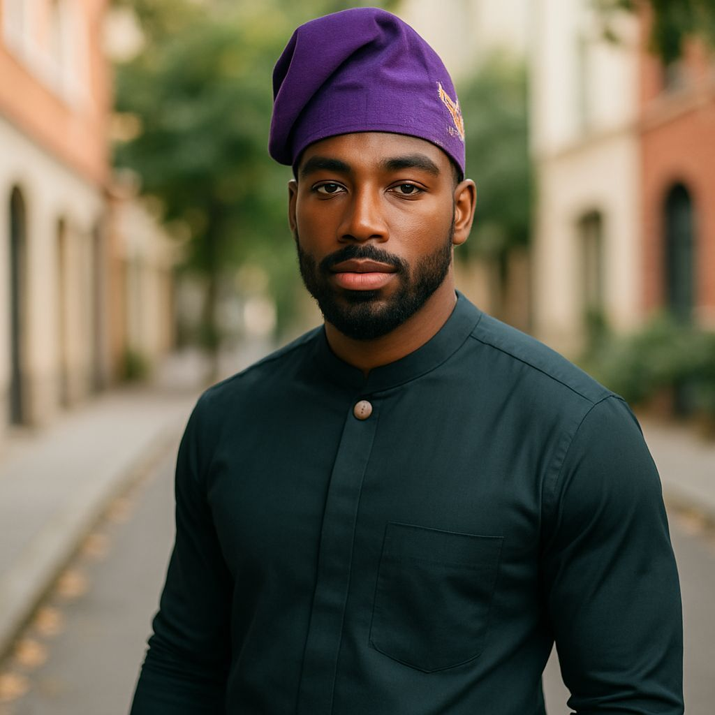 Dupsie's Bolude Brimless Purple and Gold Patterns African Aso Oke Kufi Fila Cap Men Hat DPAHPGP18