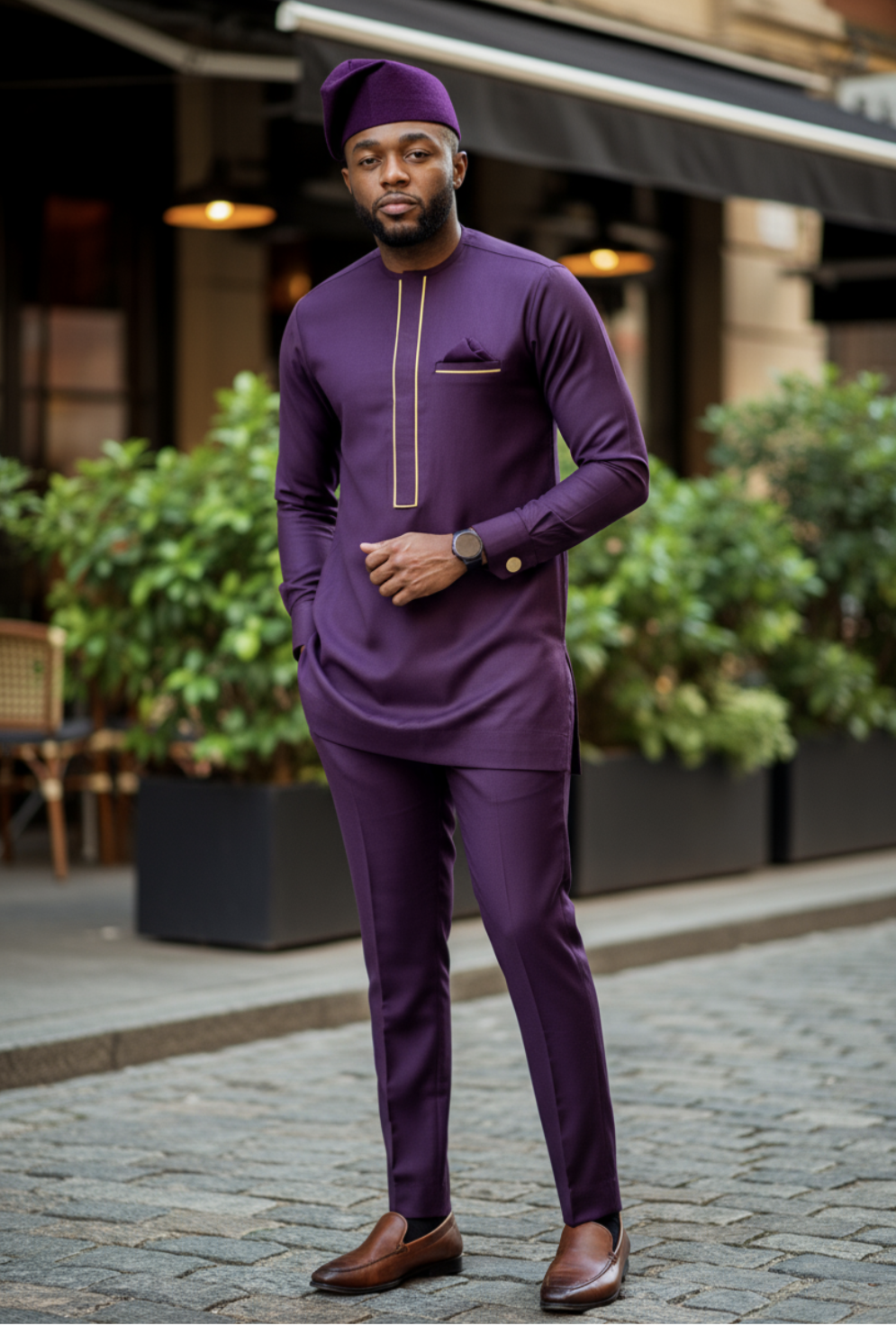 Purple Slim-Fit African Senator Dashiki top featuring elegant gold embroidery and a stylish neckline