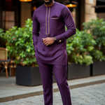 Purple Slim-Fit African Senator Dashiki top featuring elegant gold embroidery and a stylish neckline