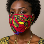 Unisex purple yellow red Ankara cotton face mask (Okafor) from Dupsie’s African Fashion, featuring side pockets for filters