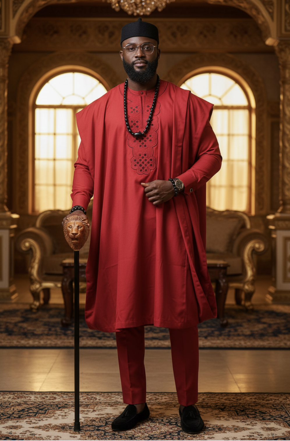 Red Agbada Robe Set with Black Embroidery by Dupsie's African Fashion
