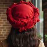 Red Aso Oke pre‑tied head wrap hat autogele for Nigerian wedding and African fashion by Dupsie’s African Fashion