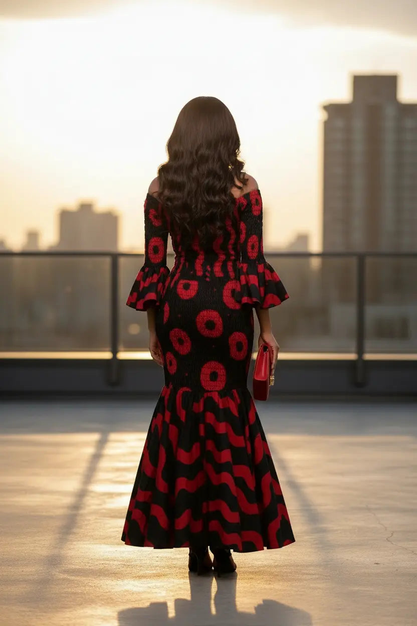 off the shoulder ankara dress Desith Red & Black Off-Shoulder Smocked African Print for Women | Cotton African Fashion 716DX Fortunate One | Vintage Size:UK 6 Prom African dress