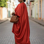 Red satin African Abaya dress for women in elegant Nigerian African fashion
