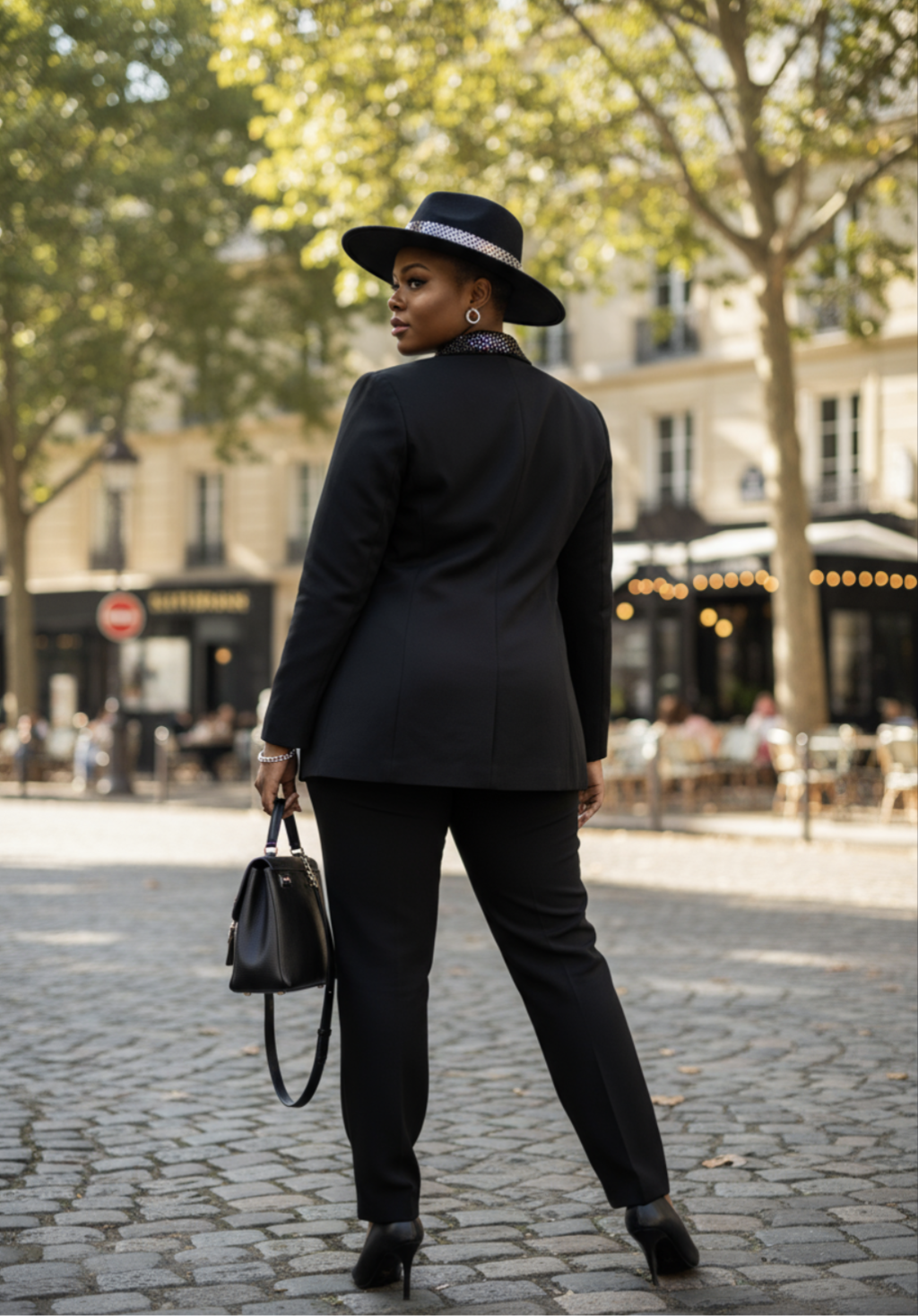 Dazzling rhinestone-filled lapel on a classic black suit jacket, epitomizing African elegance in fashion back view