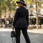Dazzling rhinestone-filled lapel on a classic black suit jacket, epitomizing African elegance in fashion back view