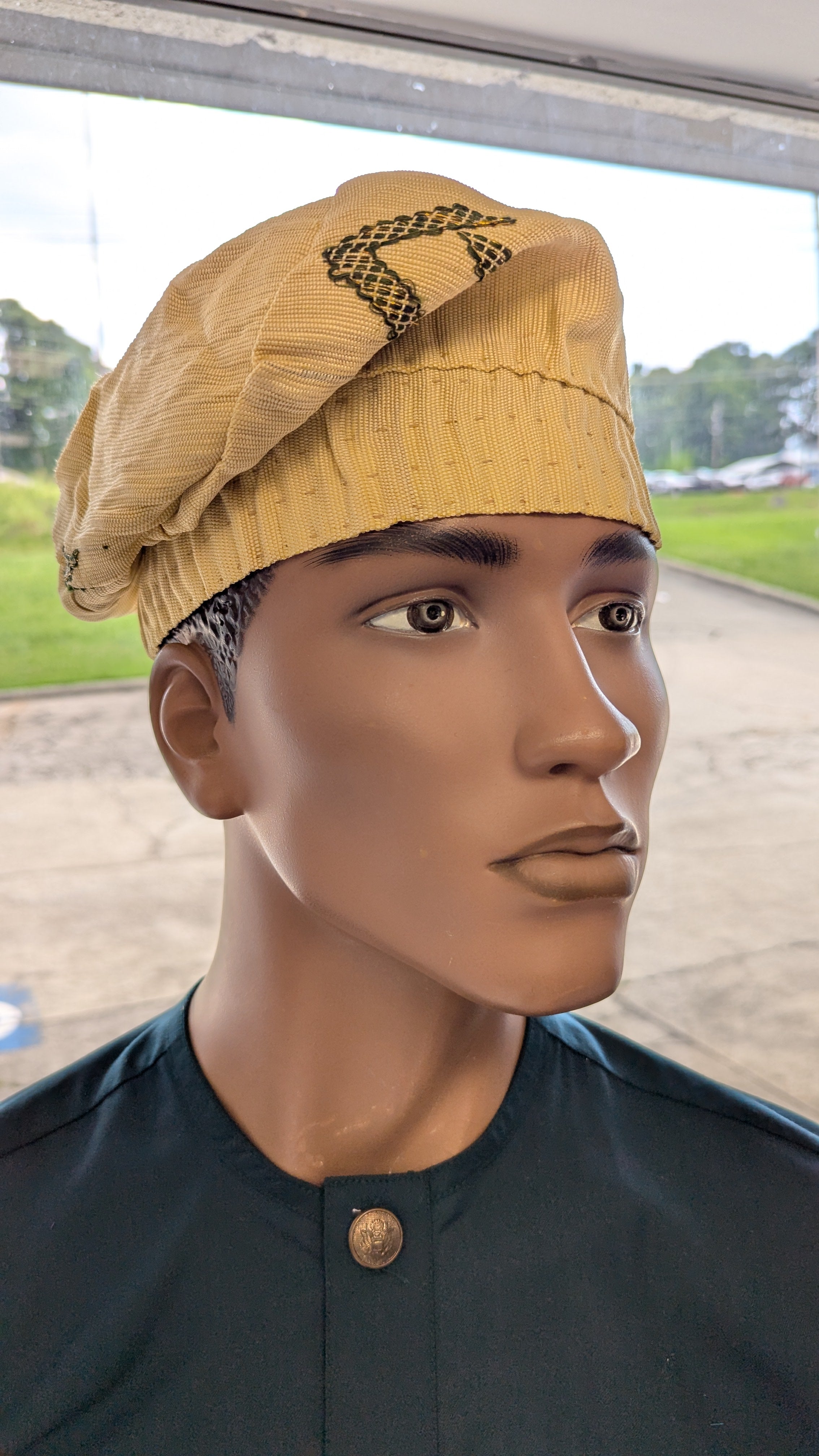 Handwoven Beige with Green African Aso Oke kufi cap hat – traditional Yoruba brimless fila hat in African clothing fashion by Dupsie’s 