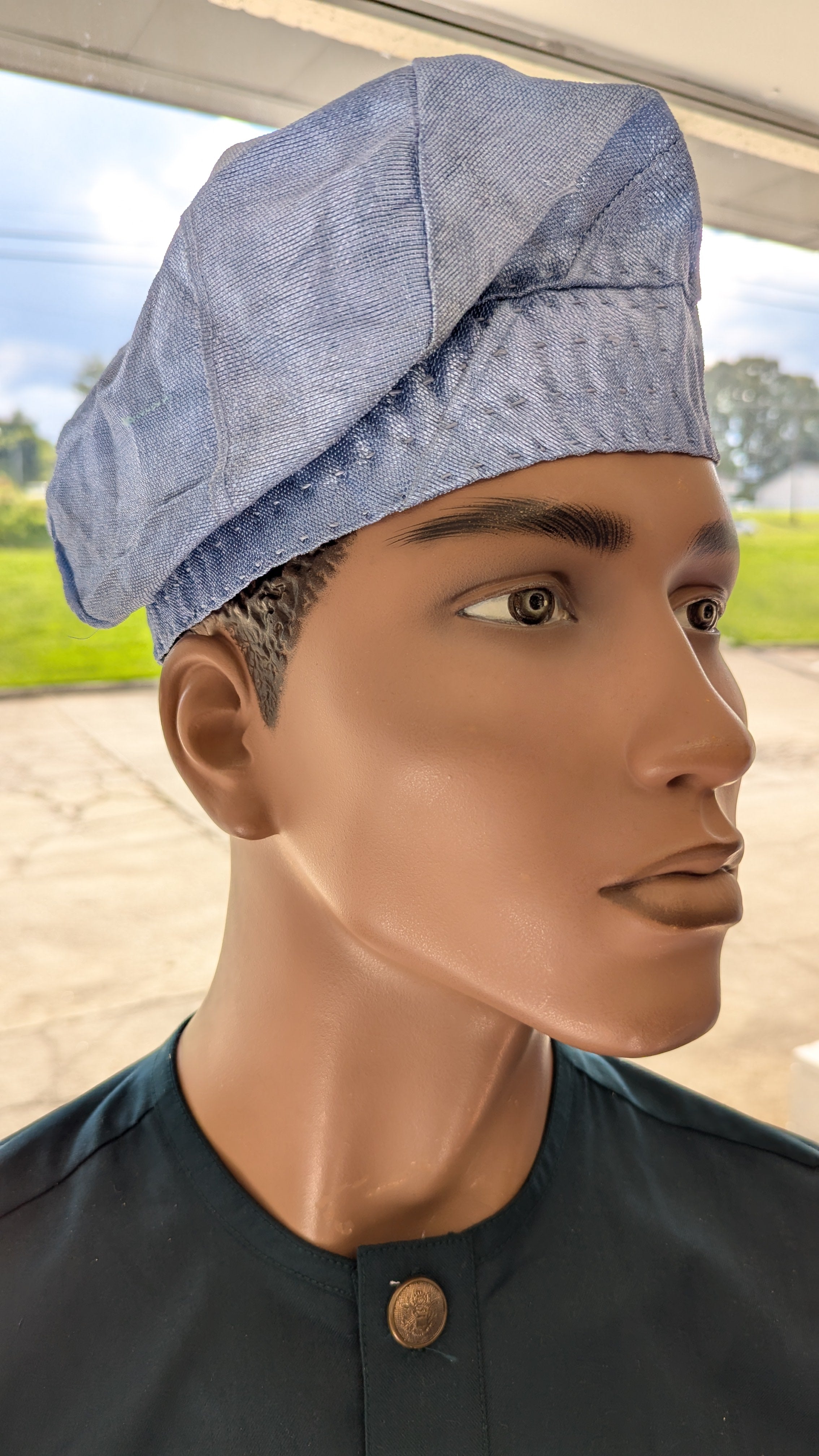 Yotola brimless Aso Oke kufi cap – authentic African fashion Yoruba hat light blue