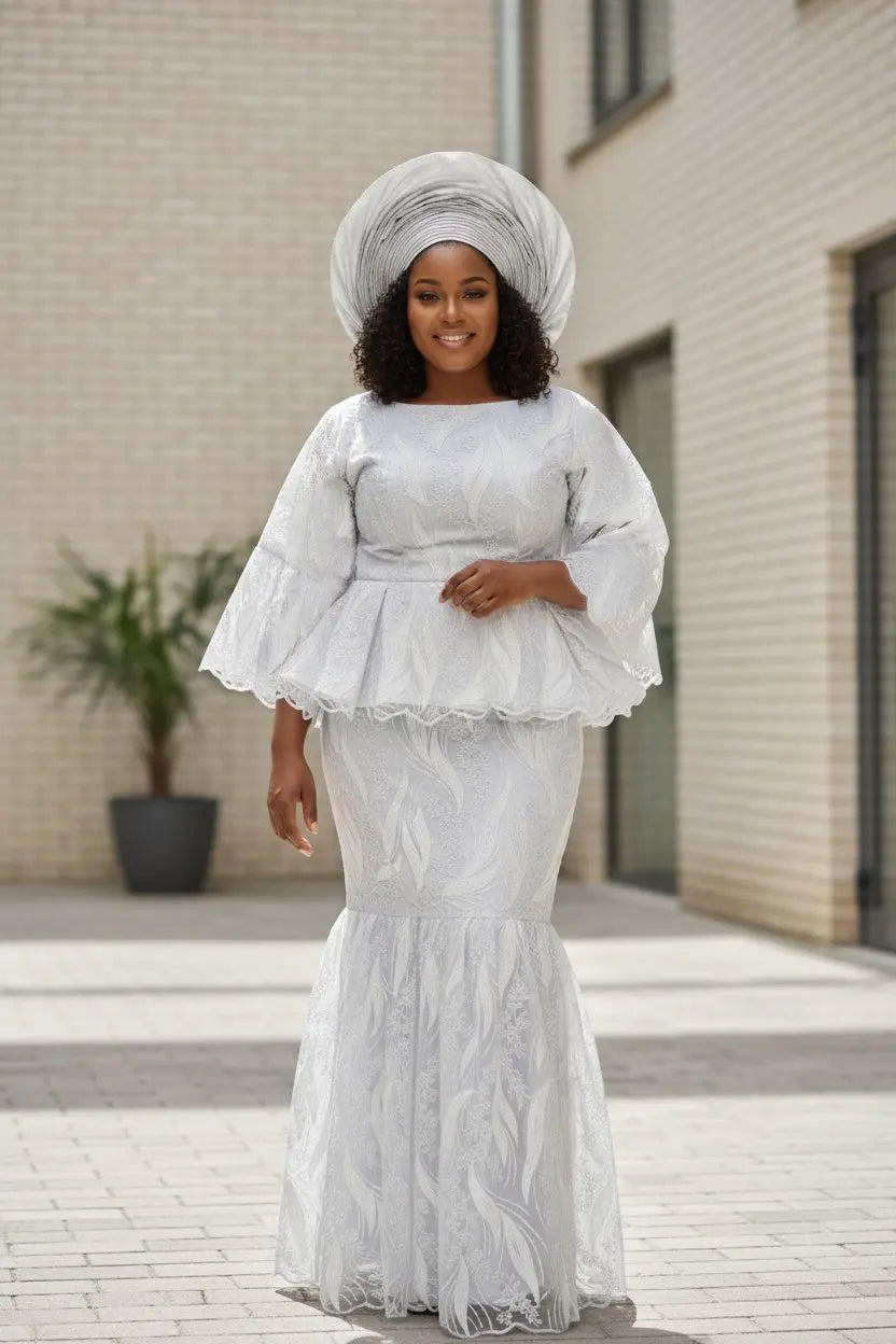 Xamara All White Sequin African Lace Peplum Top & Skirt DPWHSKS1| Xamara All White Sequin African Lace Peplum Top & Skirt DPWHSKS1|