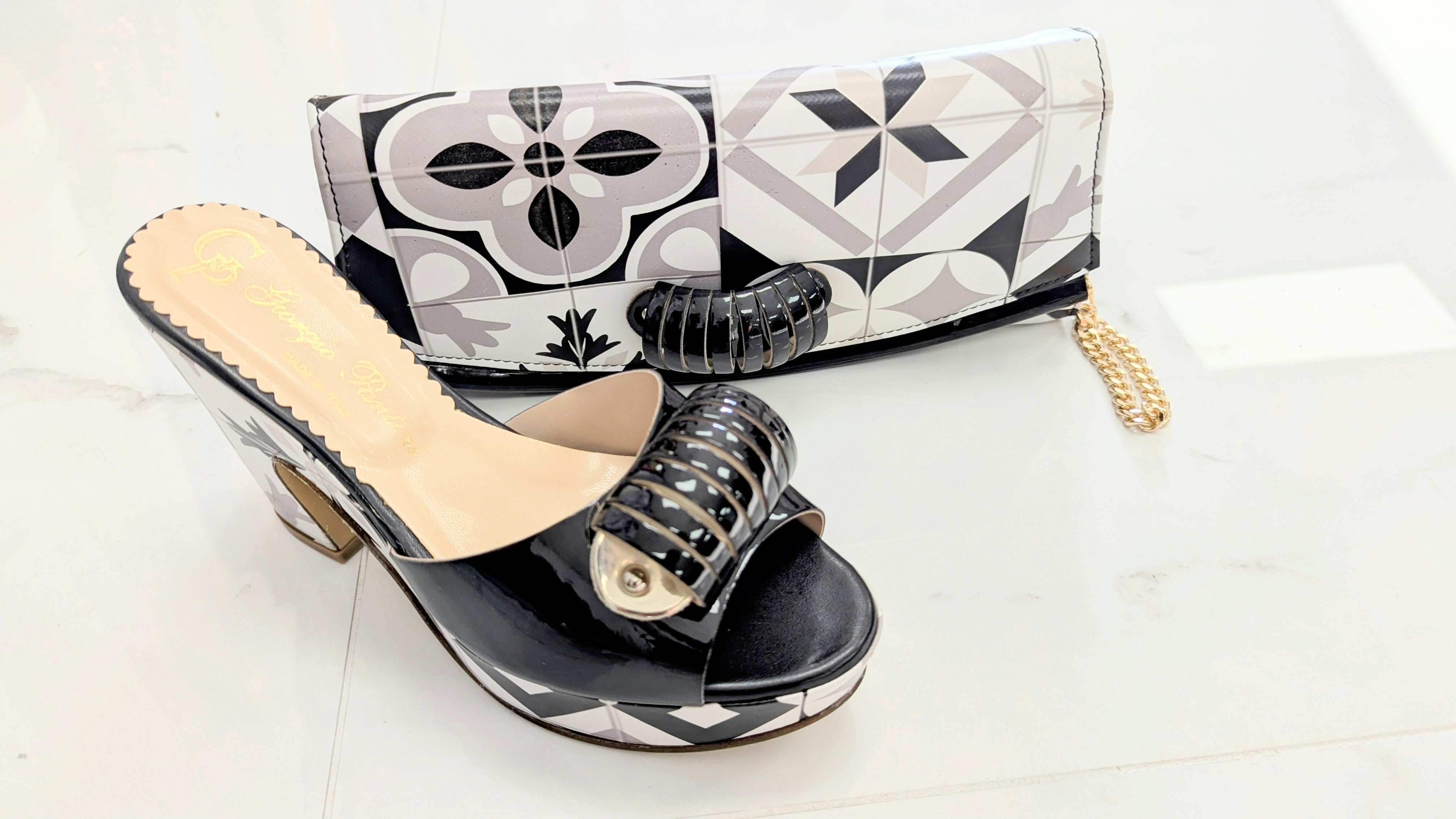 Black, White, and Grey Giorgio Pantini Italian Leather Open-Toe Shoe with Brooch – African Clothing Accessories by Dupsie’s African Fashion