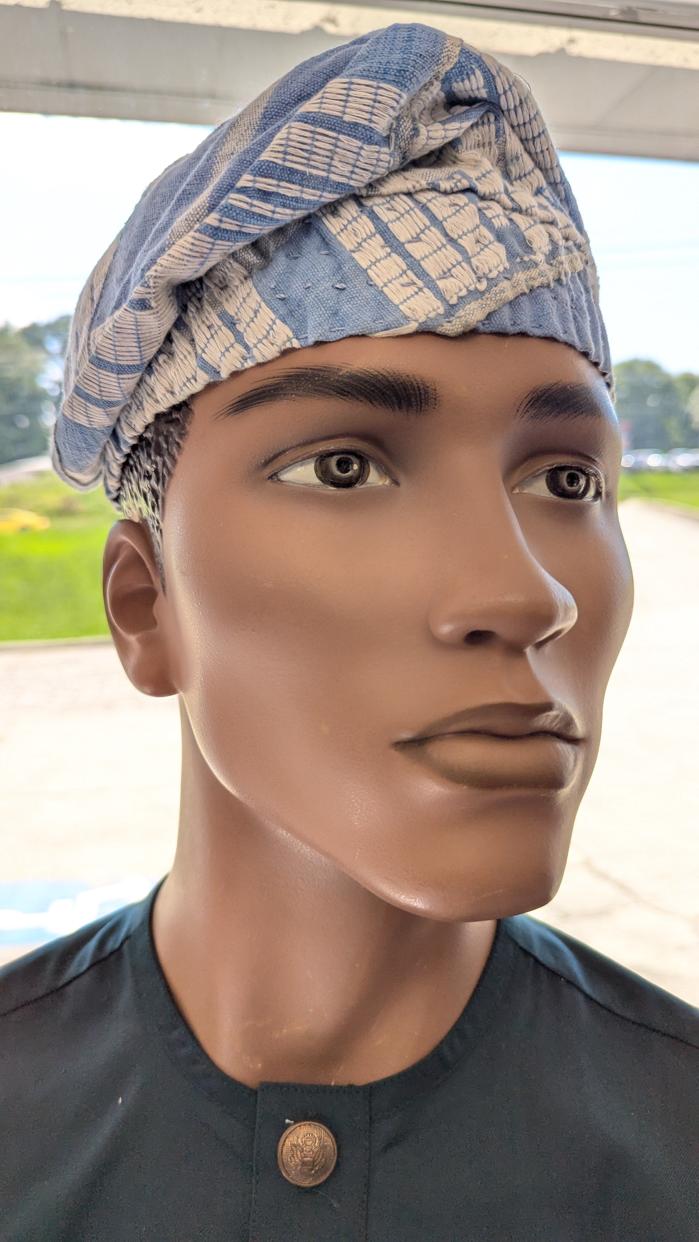 Blue White Aso Oke African hat cap kufi dupsies