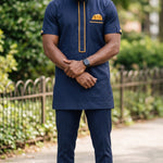 Men’s Navy Blue & Gold African Senator Kaftan Dashiki Set – Endubis | Dupsie’s African Fashion DPASBGTSS by Dupsie's African Clothing