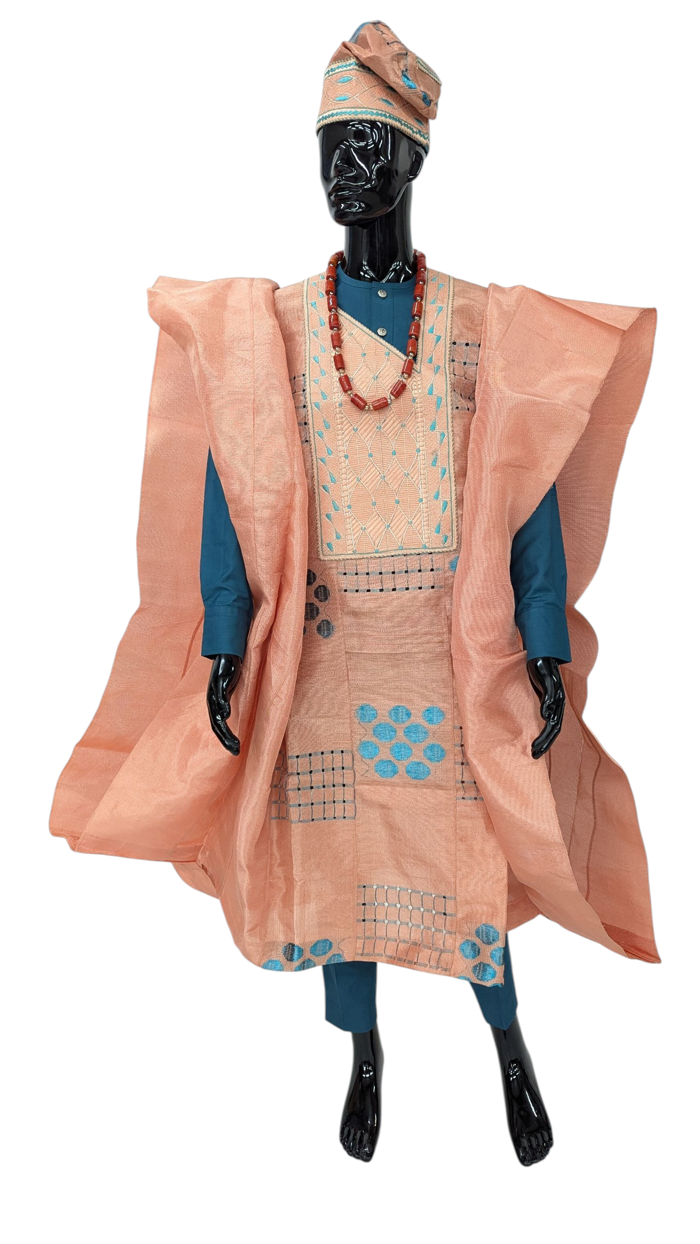 Peach and teal Yoruba Agbada robe styled with green African dashiki top and matching pants – traditional men’s African clothing by Dupsie’s African Fashion