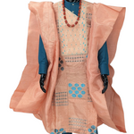 Peach and teal Yoruba Agbada robe styled with green African dashiki top and matching pants – traditional men’s African clothing by Dupsie’s African Fashion