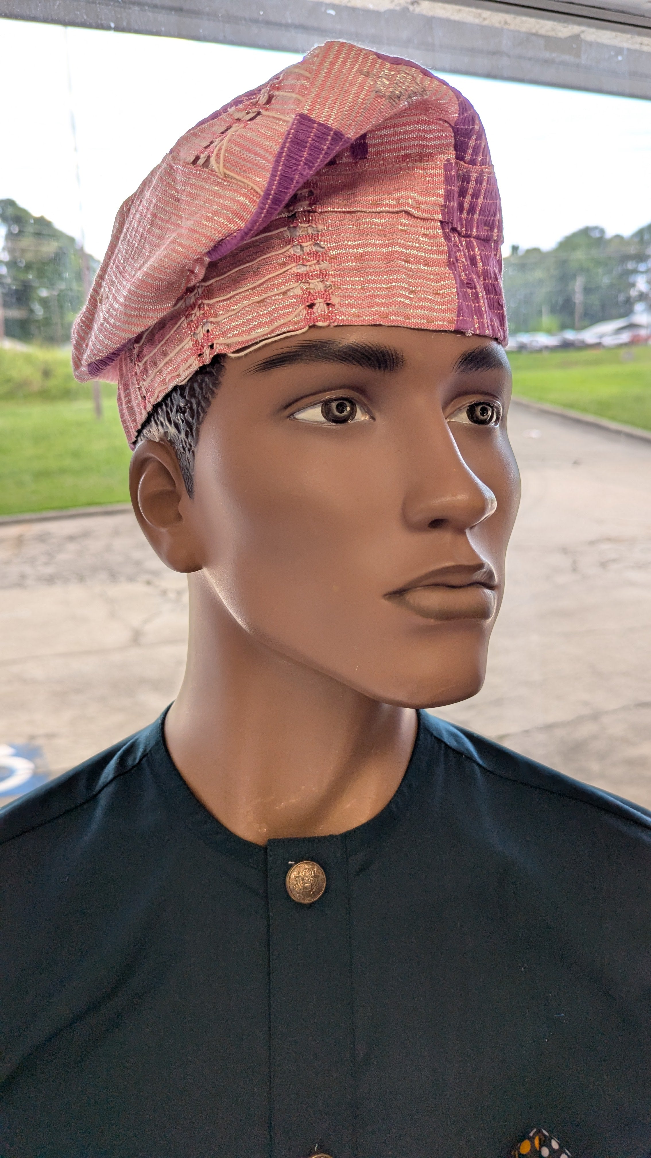  Side profile of AdeFolarin Purple African Aso Oke brimless kufi hat with pink woven patterns – Yoruba fila hat from Dupsie’s African Fashion 