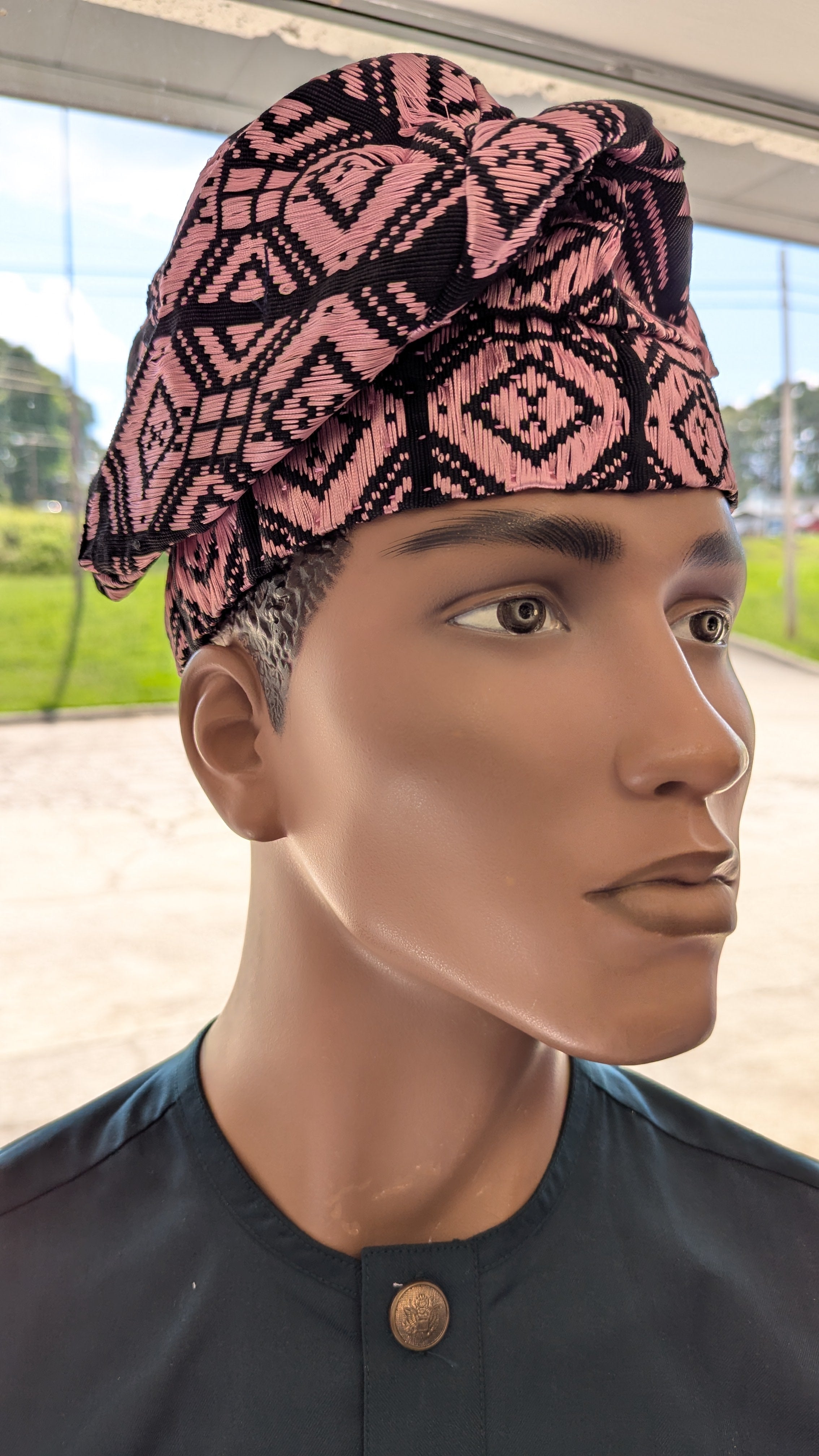 Pink Black Aso Oke African hat dupsies