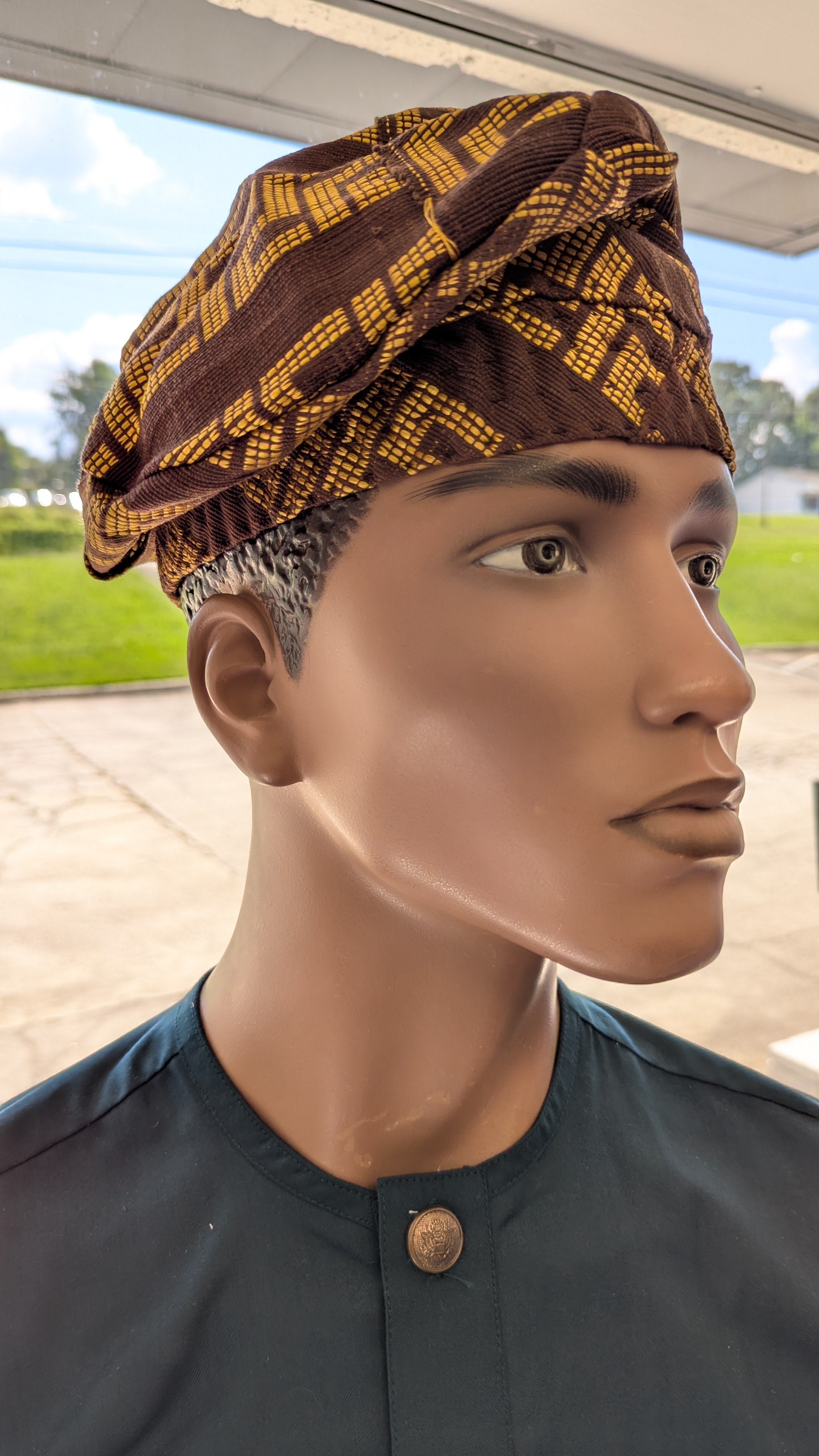 Dupsie's Oyemekun Brimless Brown and Gold Aso Oke Kufi Cap African hat DPAHBRG3