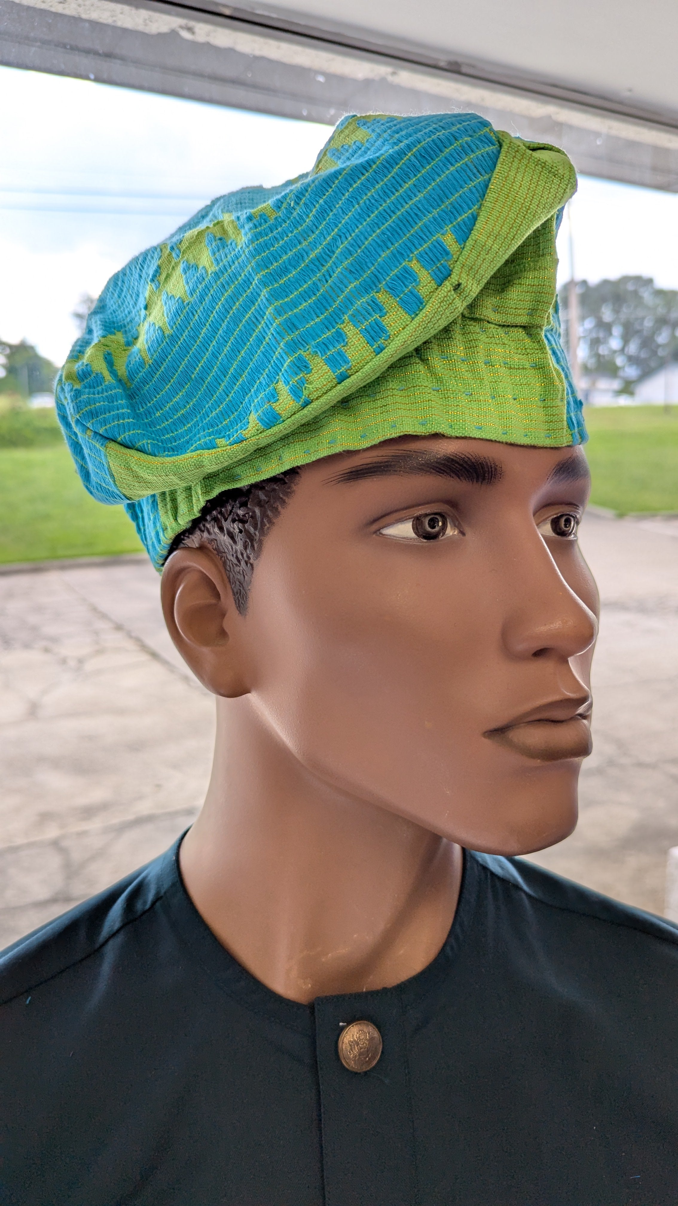 Handwoven African Aso Oke kufi cap in green and blue patterns – 5 inch tall brimless Yoruba hat 