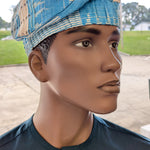  Side view of Ade Témidayo Turquoise African brimless Aso Oke kufi hat with beige woven details – Yoruba fila hat African heritage fashion 