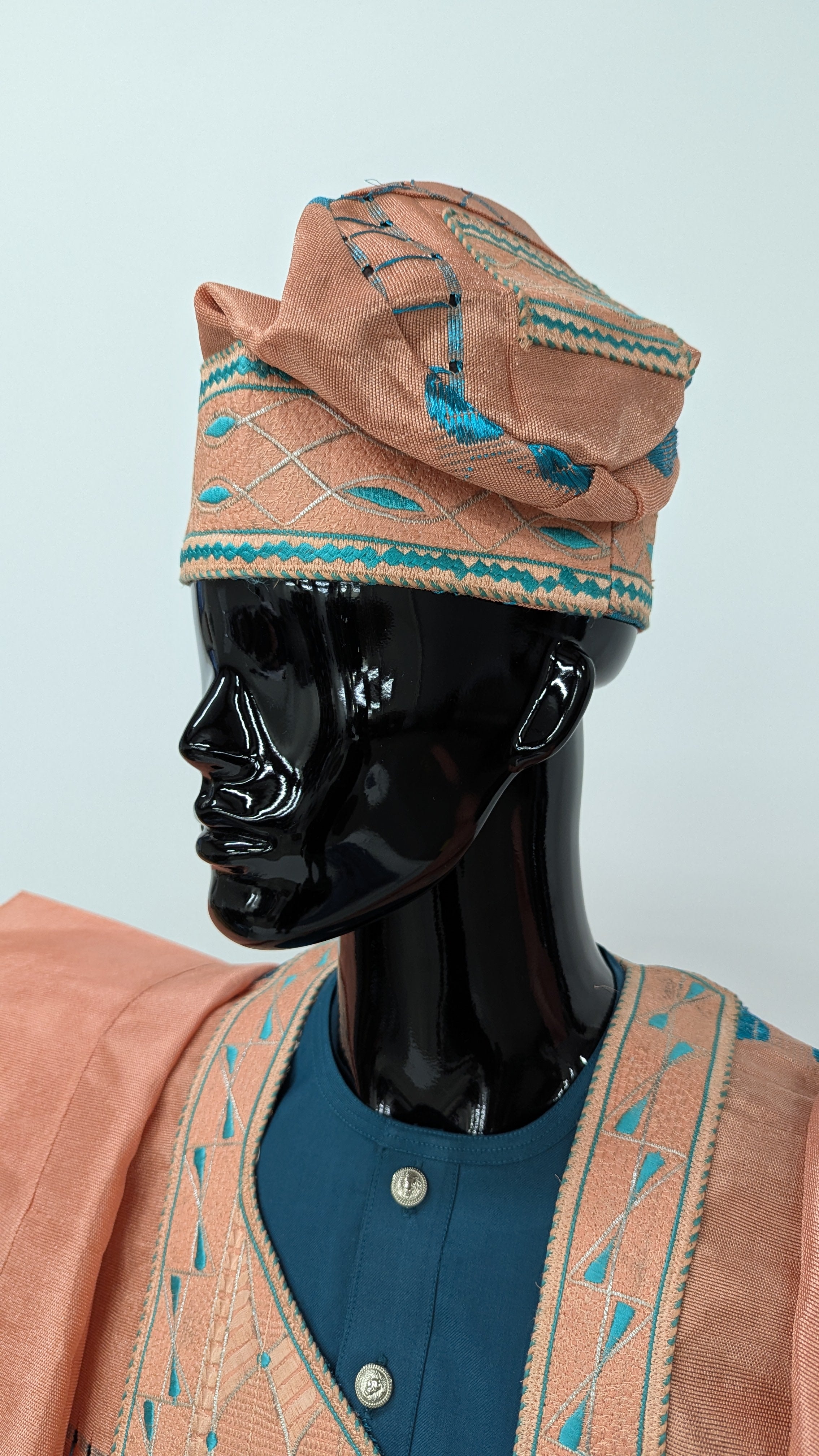 Traditional handwoven peach and teal Aso Oke kufi hat – African fashion clothing accessory