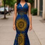 Dupsie's Abimbola Blue and Gold sunburst African print Ankara dress for women DP4071SD2