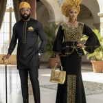 Black Panther African Top and Skirt with Gold Embroidery-DP3939T 