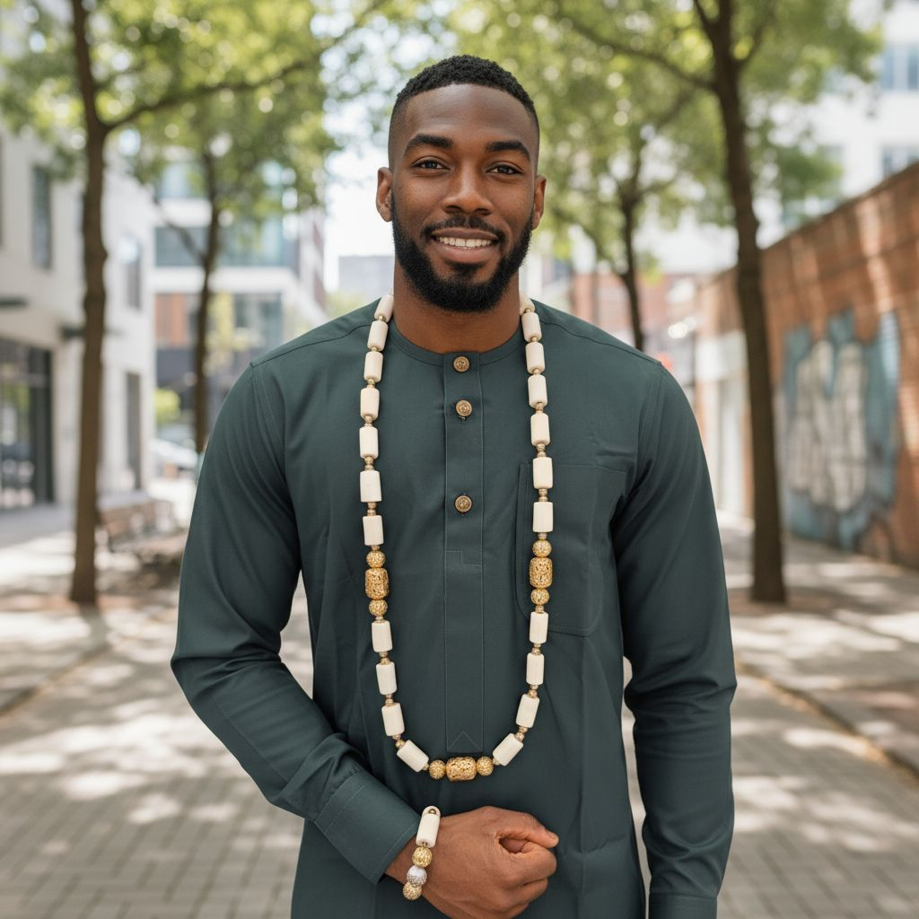 Authentic African beads jewelry set in ivory with gold details by Dupsie’s African Fashion, African wedding necklace and bracelet style