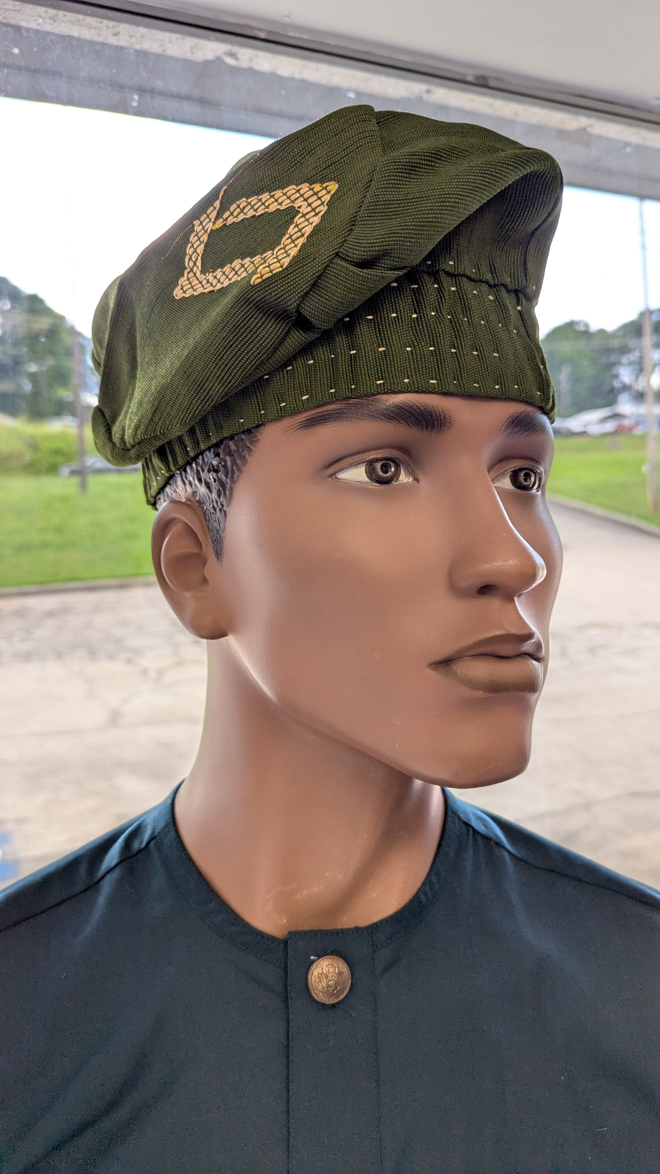 Green and Gold Pattern African Aso Oke Hat – Yoruba Brimless Fila from Dupsie’s African Fashion