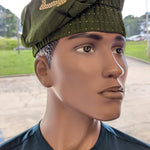 Green and Gold Pattern African Aso Oke Hat – Yoruba Brimless Fila from Dupsie’s African Fashion