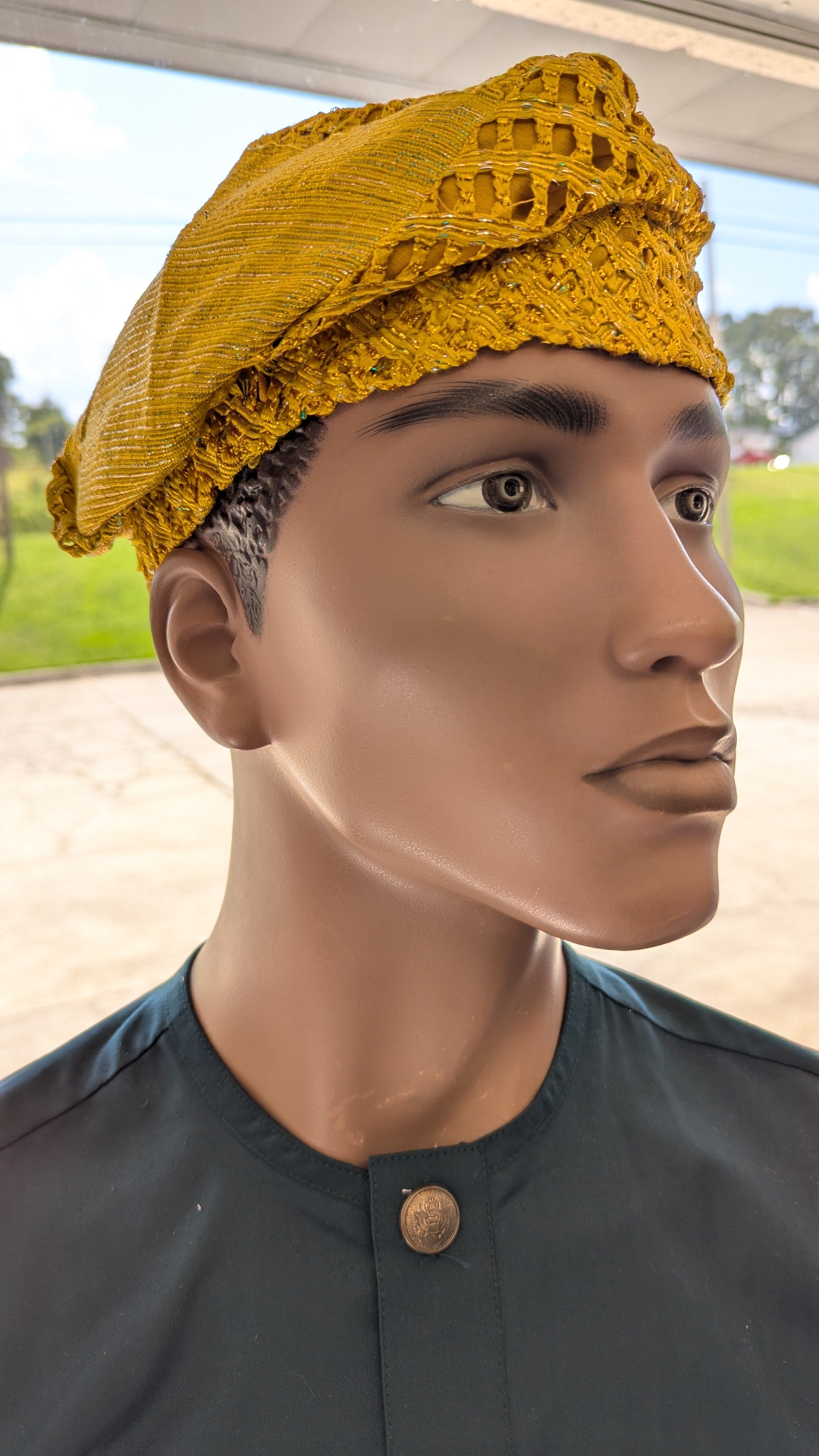 Gold African aso Oke hat dupsies hand cut