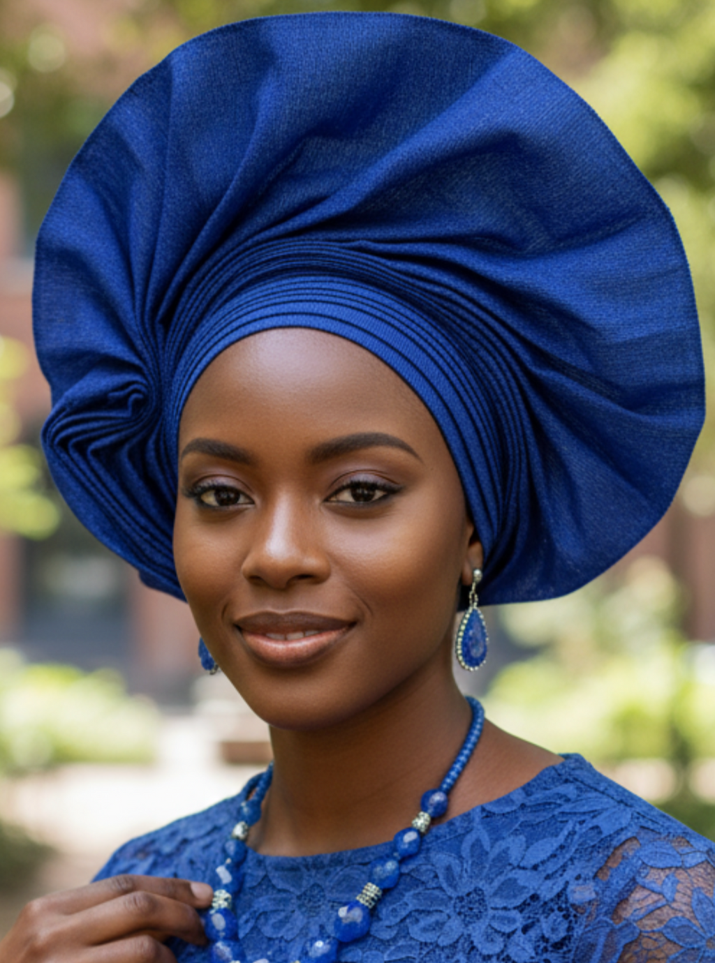 Front view of a royal blue Aso Oke Autogele crown hat, pre-tied gele with rhinestones on a denim-like fabric.