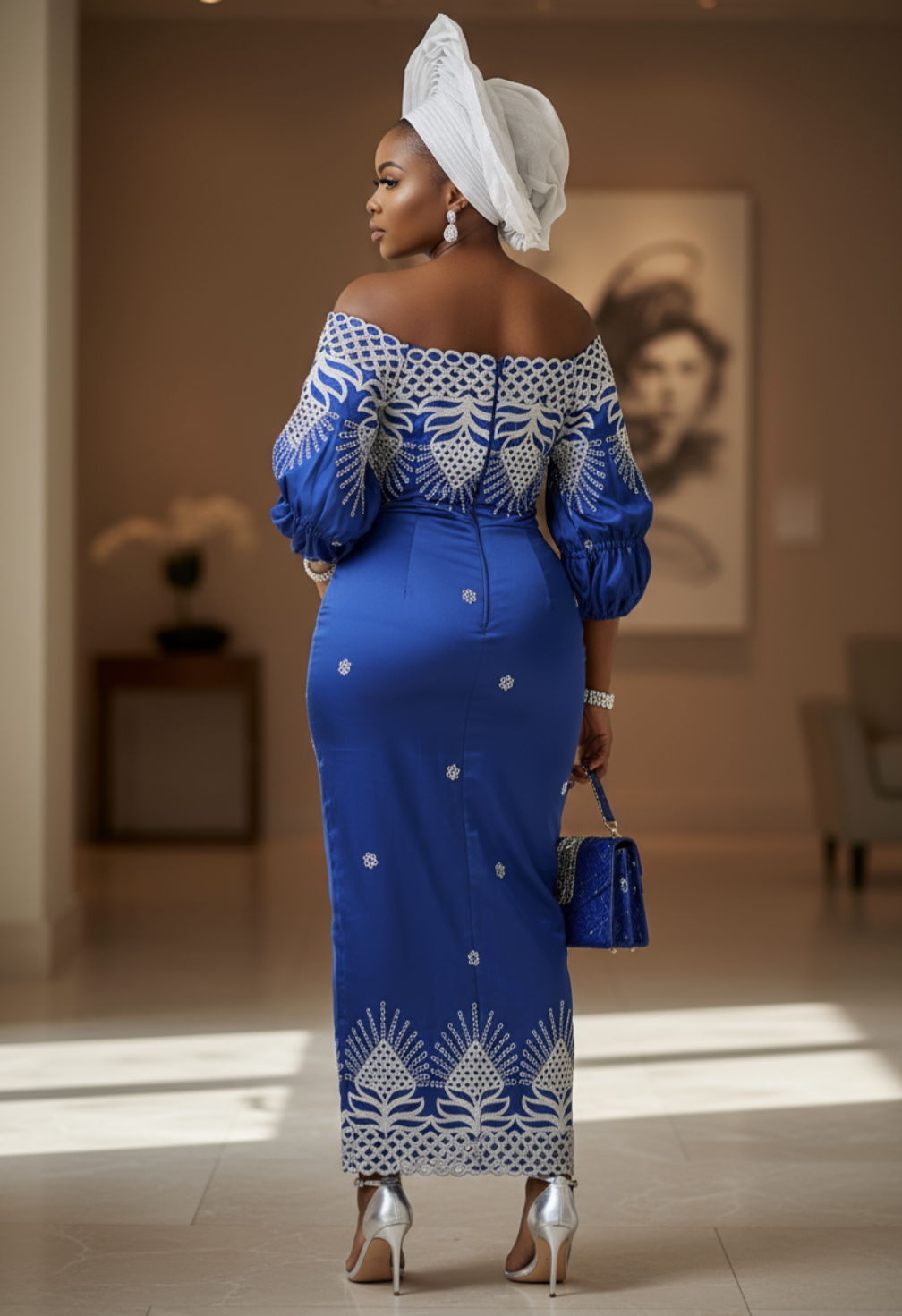 Elegant royal blue shimmery African George fabric dress with off-shoulder neckline and white embroidery - Nnkechi by Dupsie's African Fashion