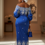 Elegant royal blue shimmery African George fabric dress with off-shoulder neckline and white embroidery - Nnkechi by Dupsie's African Fashion
