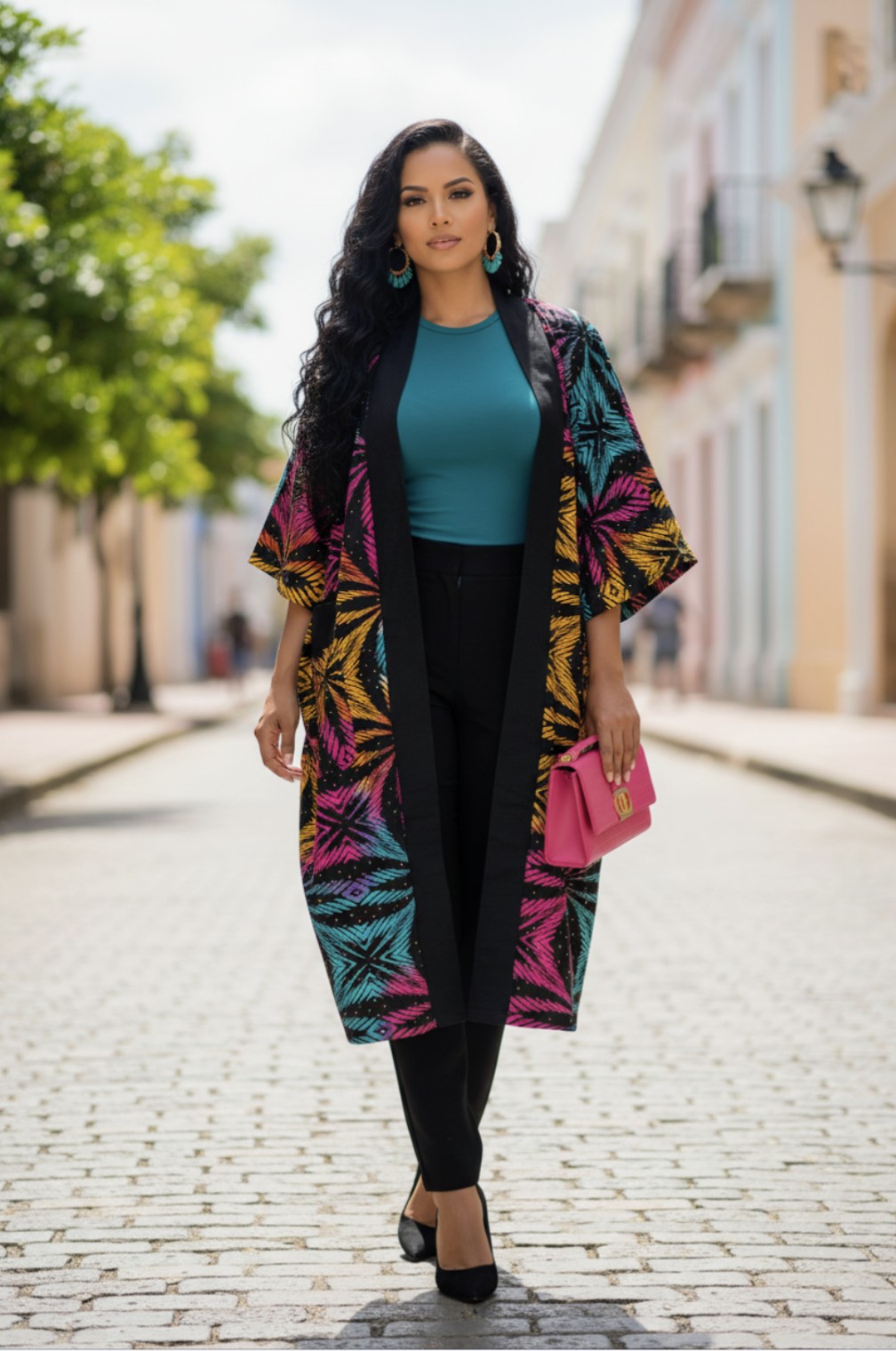 Goldish Orange, Teal, Black, and Fuchsia Pink Rhinestoned African Print Kimono Dress.