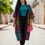 Goldish Orange, Teal, Black, and Fuchsia Pink Rhinestoned African Print Kimono Dress.