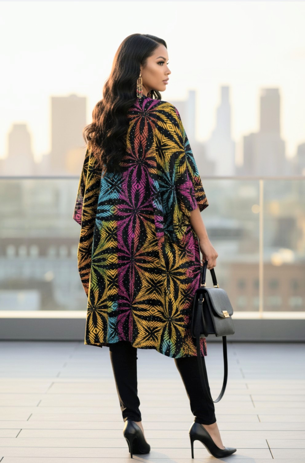 Model showcasing the Sandrah kimono dress at a cultural festival.
