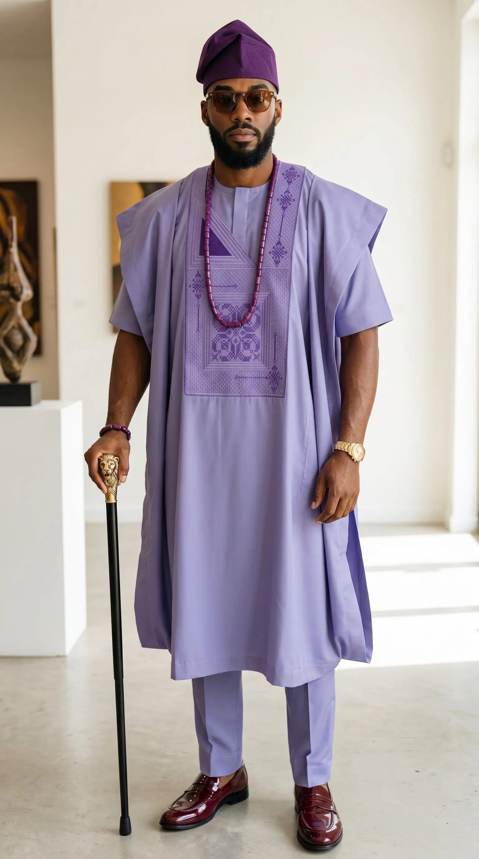 Light and deep purple embroidered African Agbada set for men