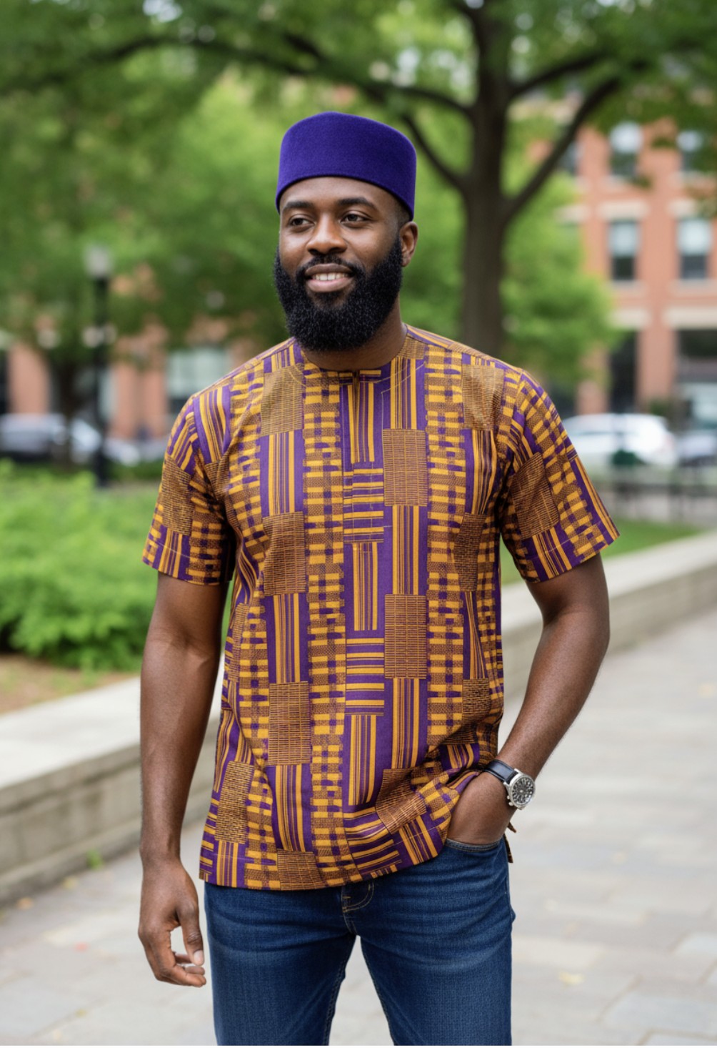 Dupsie's African Fashion unique Purple and Gold Kente top with intricate designs