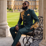 Shroba Green & Gold Embroidered African Suit with Pants for Men DXEGGYE90 by Dupsie's African Fashion