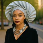 Side view of Anjola Grey-Silver pleated Aso Oke autogele pre-tied African head wrap with glitter fan crown by Dupsie’s African Fashion. 