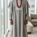 Silver Embroidered Grey African Agbada 3-Piece Set for Men by Dupsie's African Fashion
