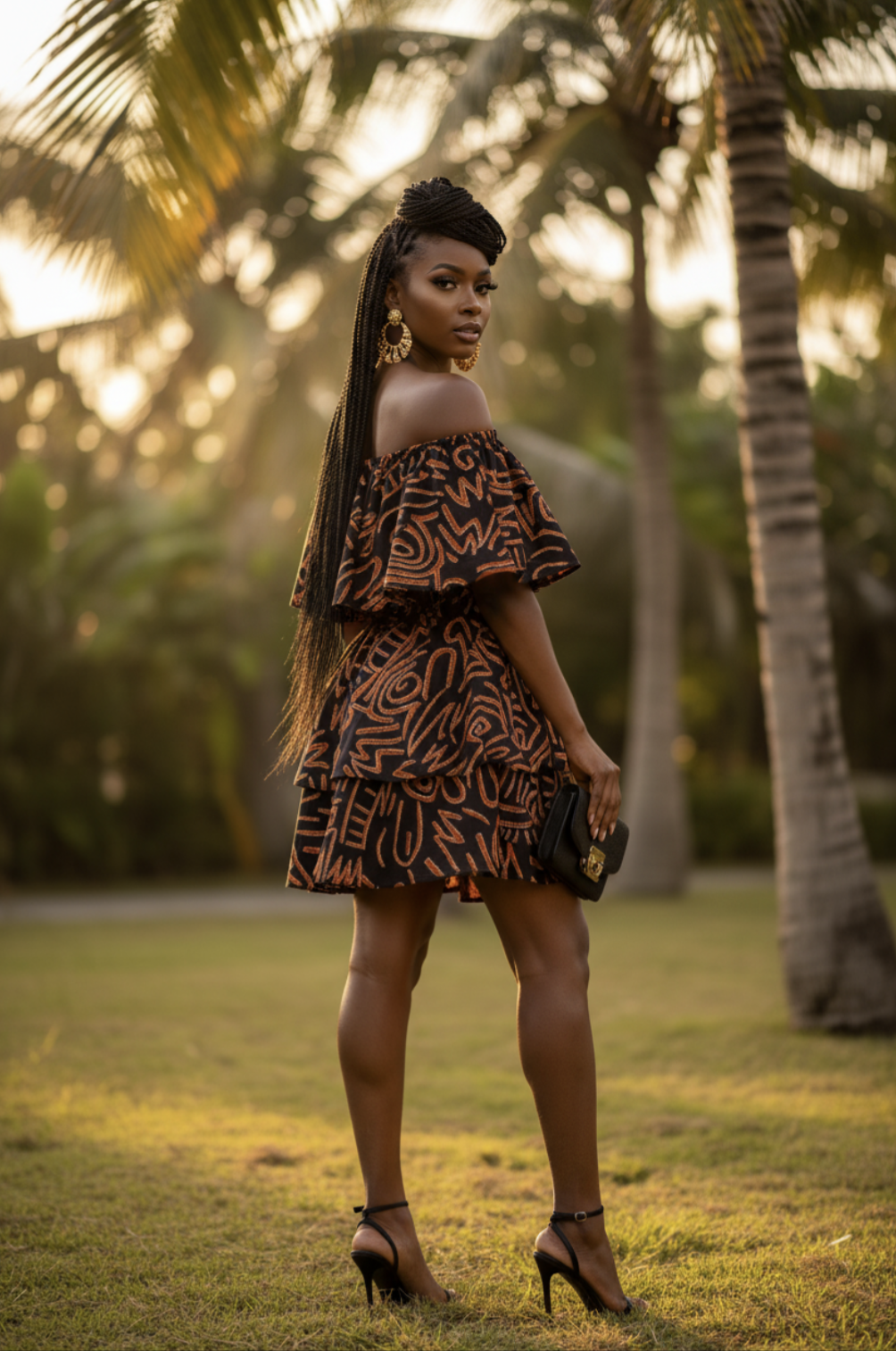 Detailed view of the smocked elastic waist skirt in African print