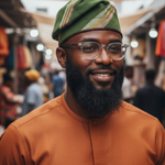 Sobande Aso Oke hat for men in green, pink, tan, and grey stripes.