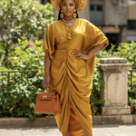Solange gold silk African dress with slit for Nigerian wedding guest by Dupsie’s African Fashion, elegant African clothing for women