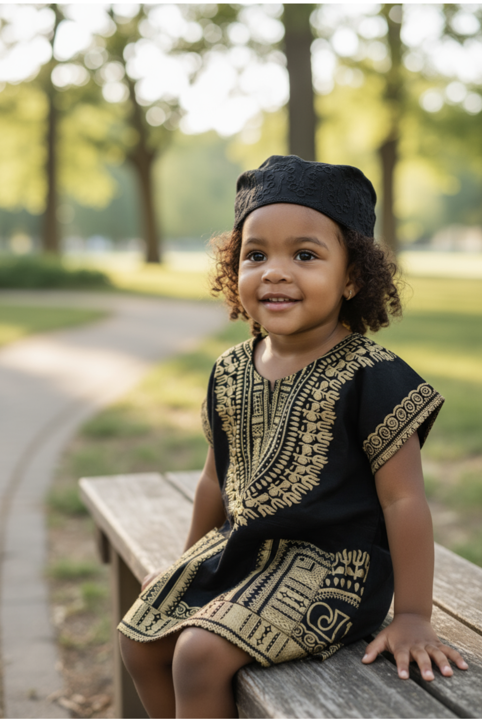 Trendy African clothing for children in a black and gold design.