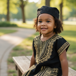 Trendy African clothing for children in a black and gold design.
