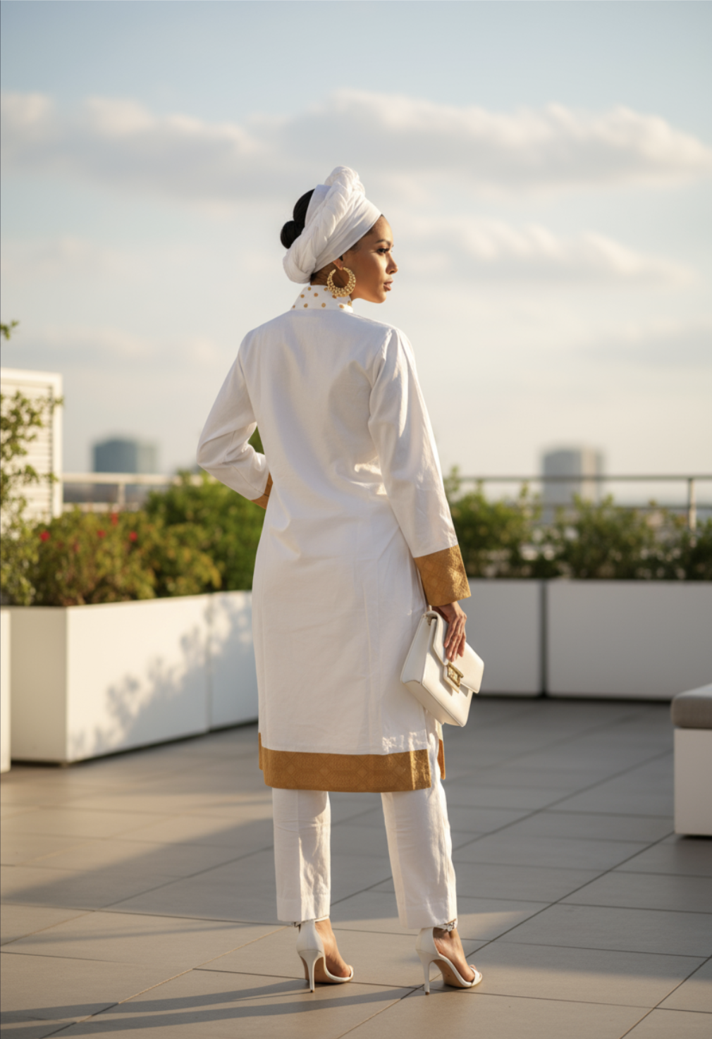 Stylish white head wrap included with the LaToya pantsuit set