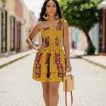 Suzye golden yellow African Print Ankara short dress by Dupsie’s African Fashion, chic African dress and African clothing for women.