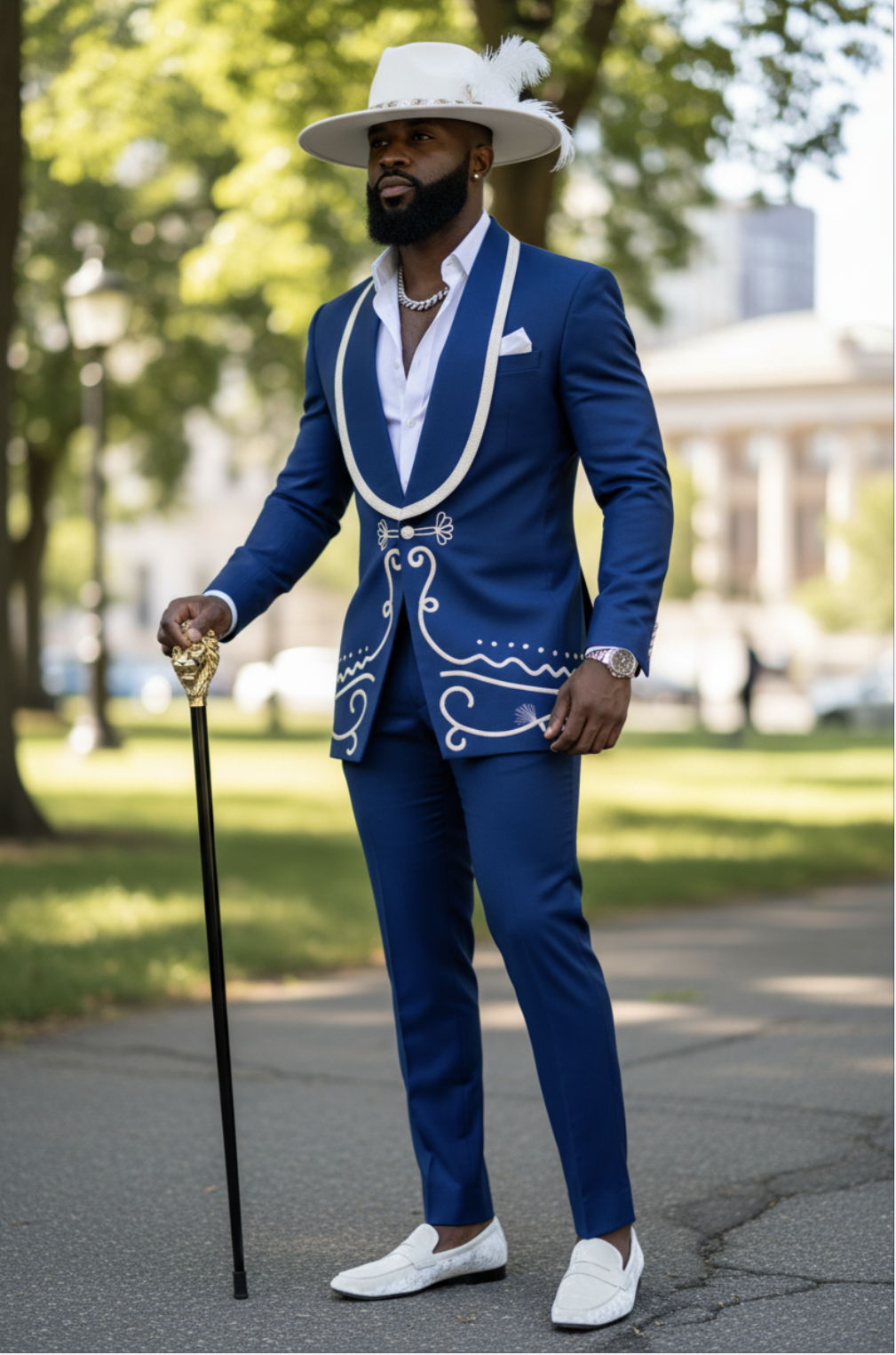 Taharqa navy-blue suit jacket with white embroidery